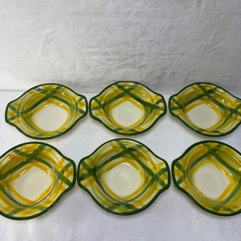 6 Green Vernonware Gingham Metlox Poppytrail Vernon Lugged Chowder Bowls‎ 7